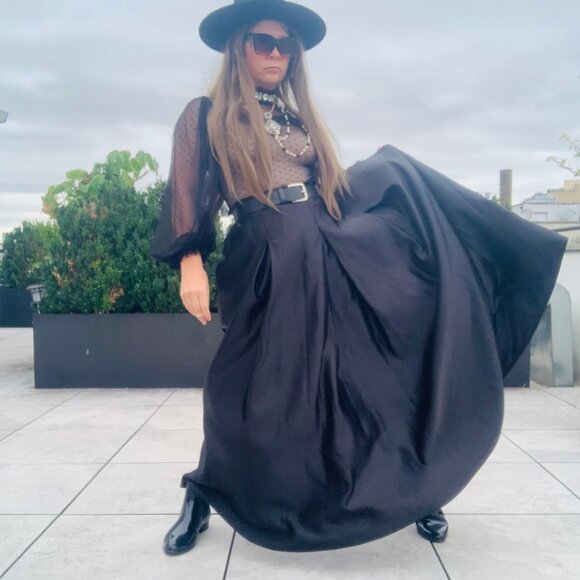 Anthro Full Satin Skater Drama Black Tie Dress Up Maxi Flare Skirt Pockets NWOT - Picture 8 of 16